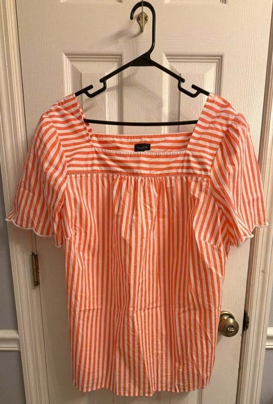 Talbots Square Neck Top Size 2X Orange White Striped Cotton Scalloped